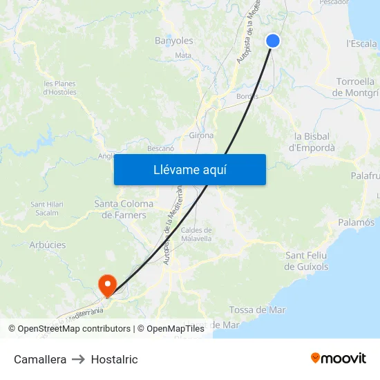 Camallera to Hostalric map