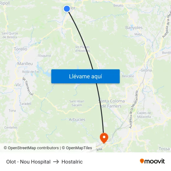 Olot - Nou Hospital to Hostalric map