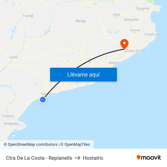 Ctra De La Costa - Replanells to Hostalric map