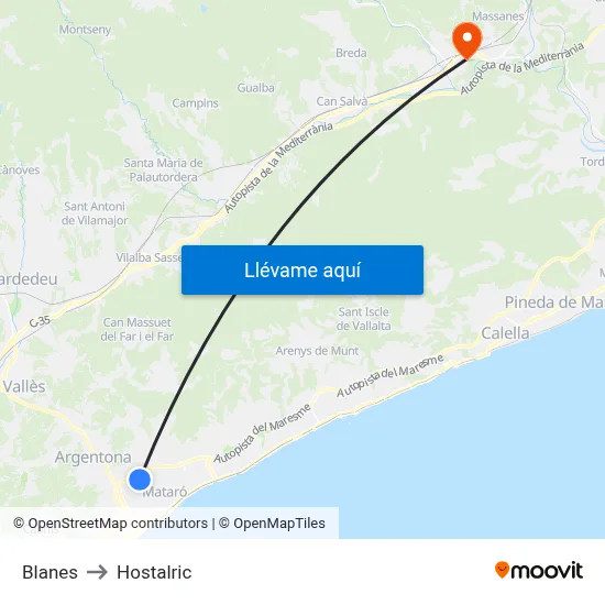 Blanes to Hostalric map