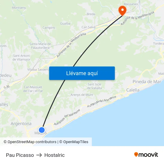 Pau Picasso to Hostalric map