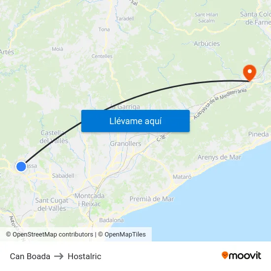 Can Boada to Hostalric map