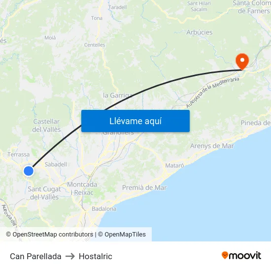 Can Parellada to Hostalric map