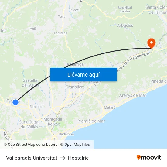 Vallparadís Universitat to Hostalric map