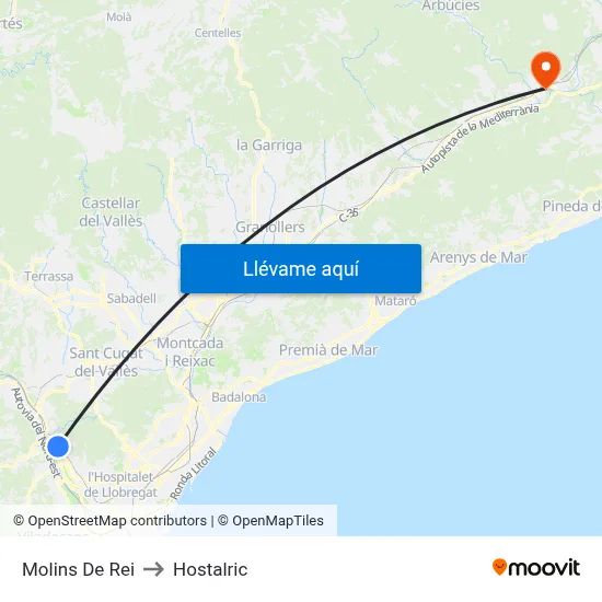 Molins De Rei to Hostalric map