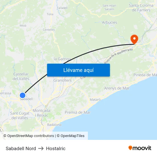 Sabadell Nord to Hostalric map