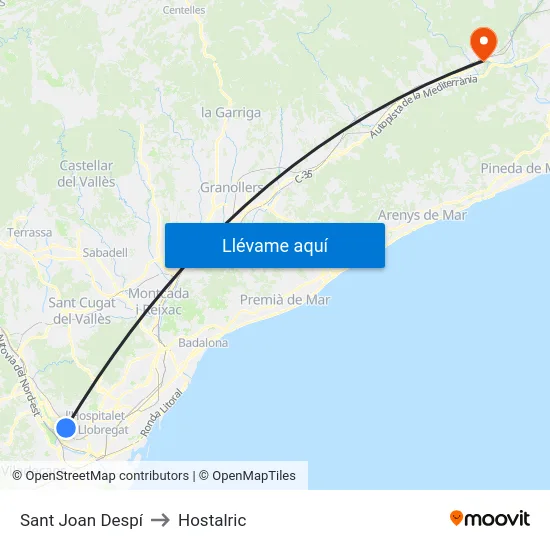 Sant Joan Despí to Hostalric map