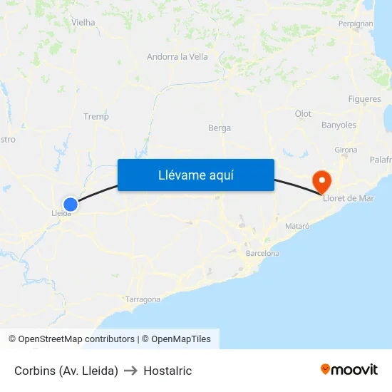 Corbins (Av. Lleida) to Hostalric map