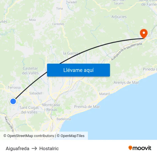 Aiguafreda to Hostalric map