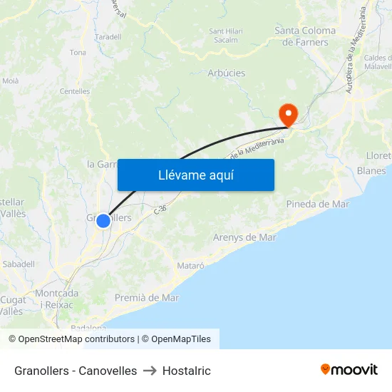 Granollers - Canovelles to Hostalric map