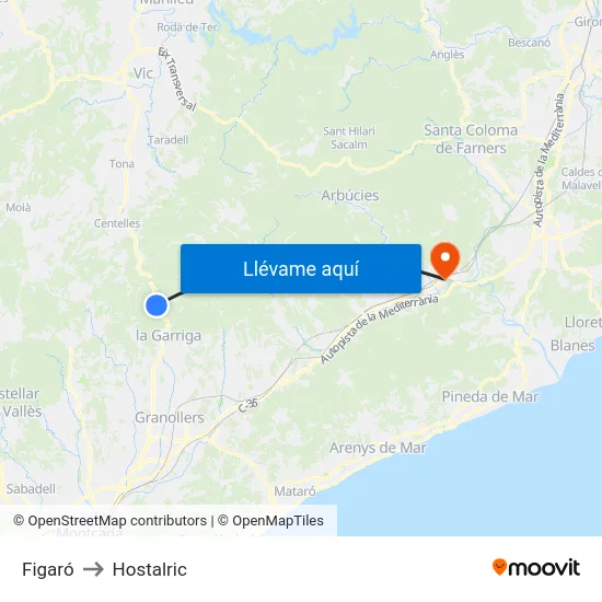 Figaró to Hostalric map