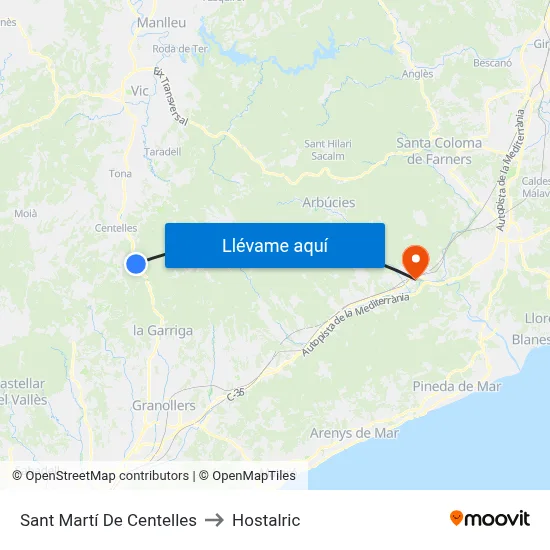 Sant Martí De Centelles to Hostalric map