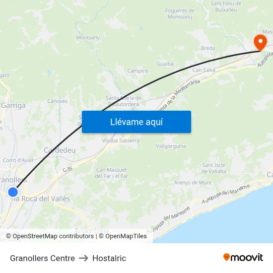 Granollers Centre to Hostalric map