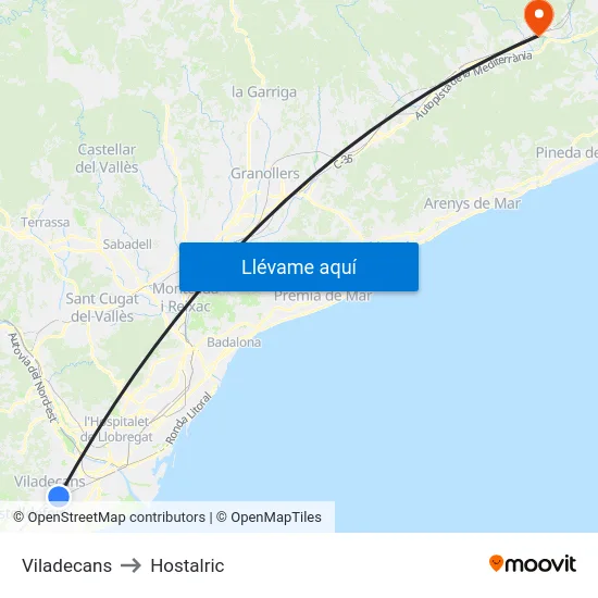 Viladecans to Hostalric map