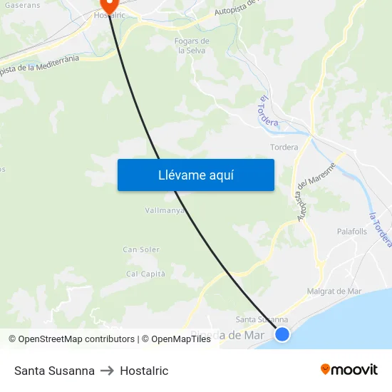 Santa Susanna to Hostalric map