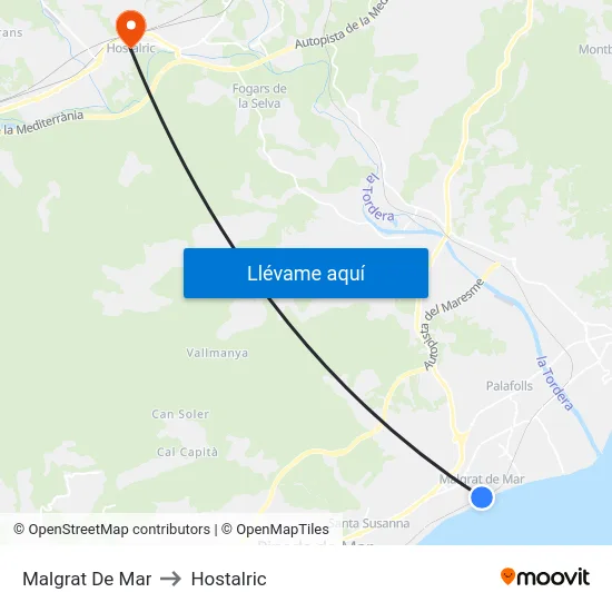 Malgrat De Mar to Hostalric map