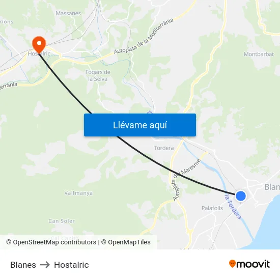 Blanes to Hostalric map