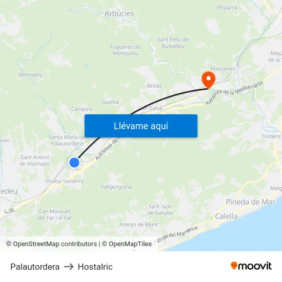 Palautordera to Hostalric map