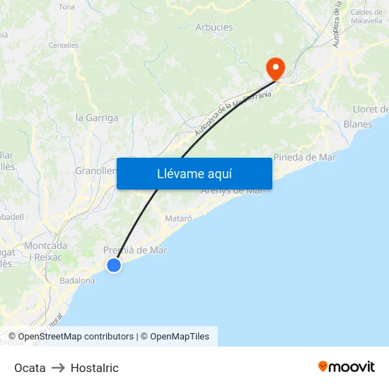 Ocata to Hostalric map