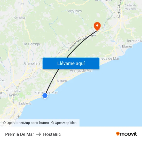 Premià De Mar to Hostalric map