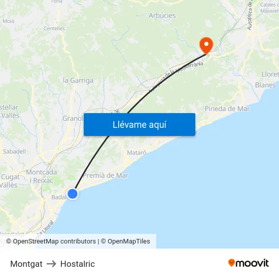 Montgat to Hostalric map