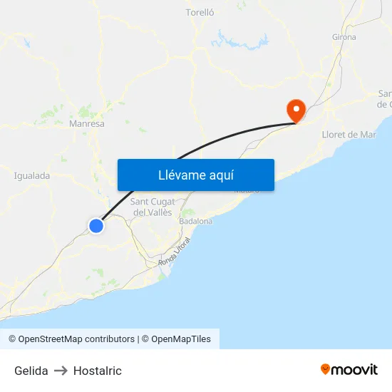 Gelida to Hostalric map