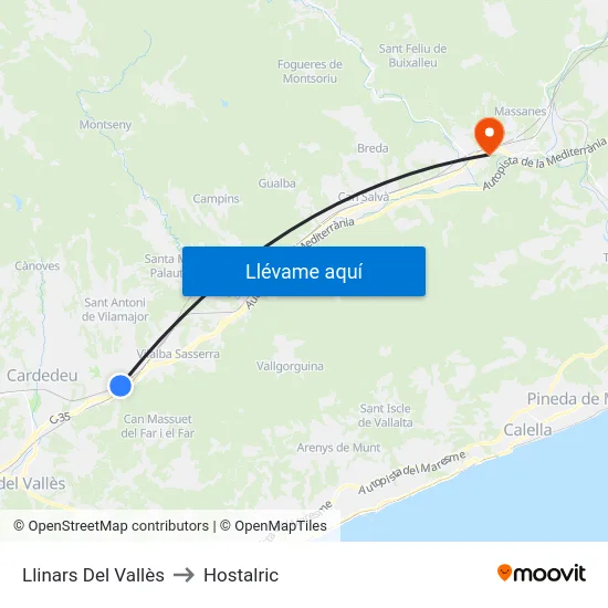 Llinars Del Vallès to Hostalric map