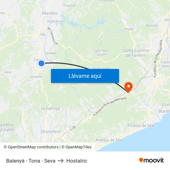 Balenyà - Tona - Seva to Hostalric map