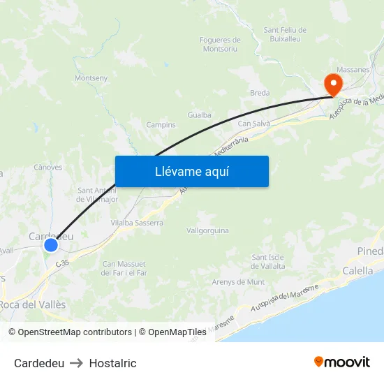 Cardedeu to Hostalric map