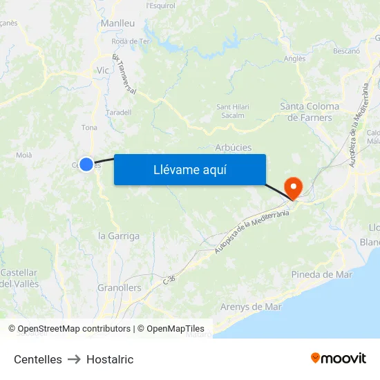 Centelles to Hostalric map