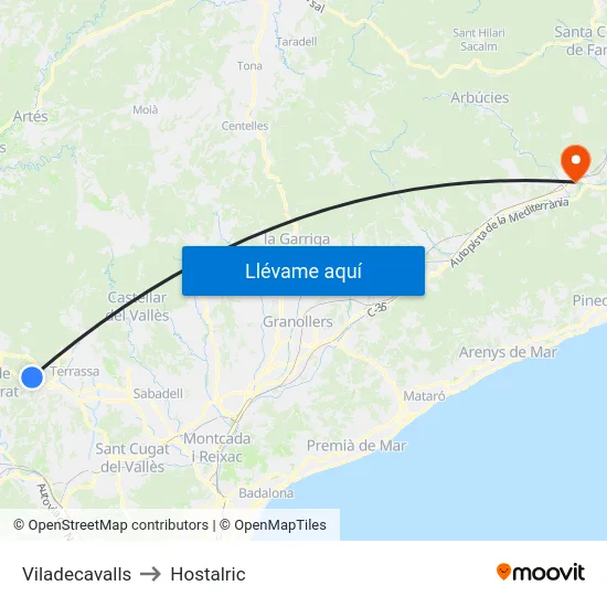 Viladecavalls to Hostalric map