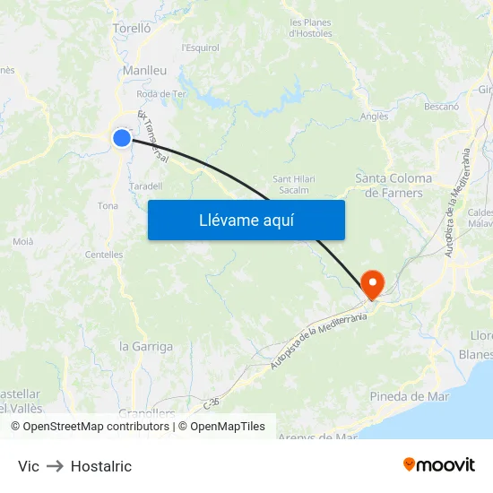 Vic to Hostalric map