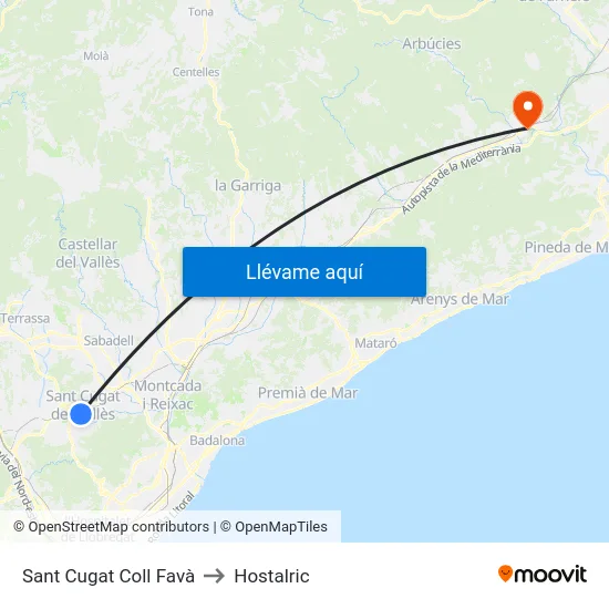Sant Cugat Coll Favà to Hostalric map