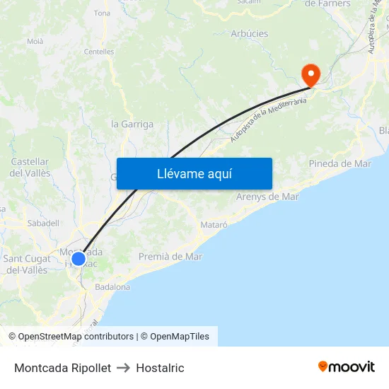 Montcada Ripollet to Hostalric map