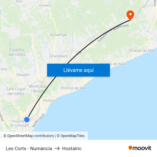 Les Corts - Numància to Hostalric map