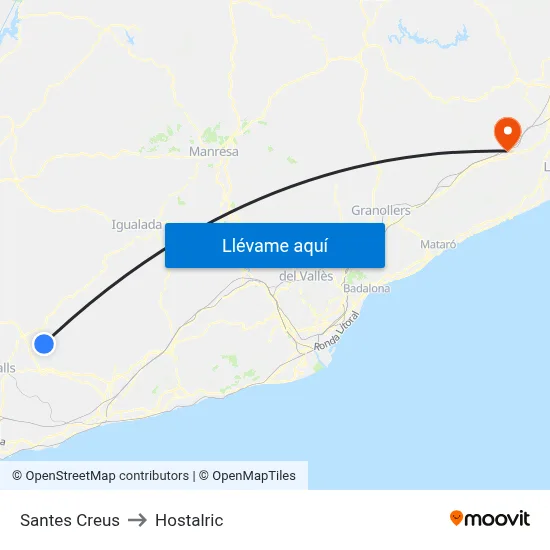 Santes Creus to Hostalric map