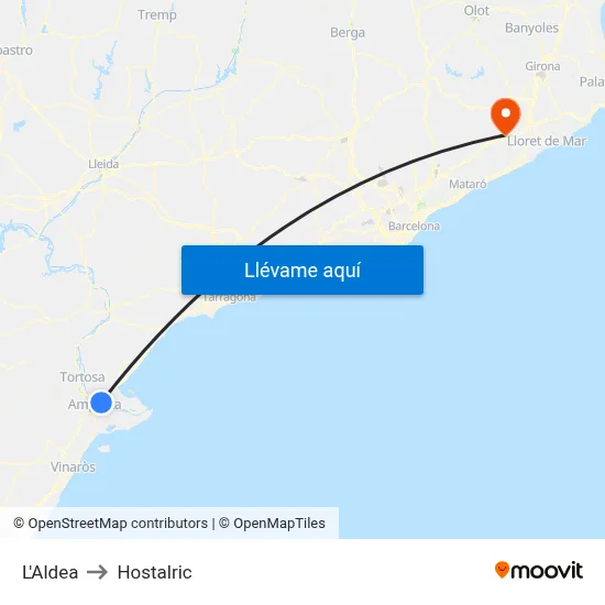 L'Aldea to Hostalric map