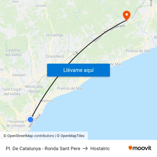 Pl. De Catalunya - Ronda Sant Pere to Hostalric map