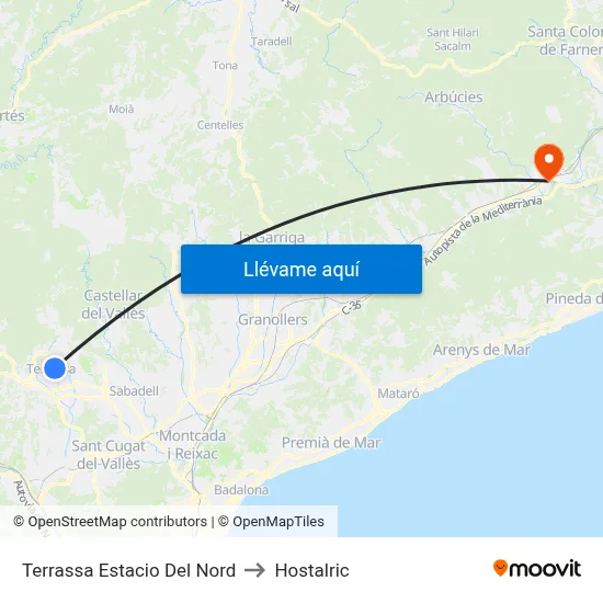 Terrassa Estacio Del Nord to Hostalric map
