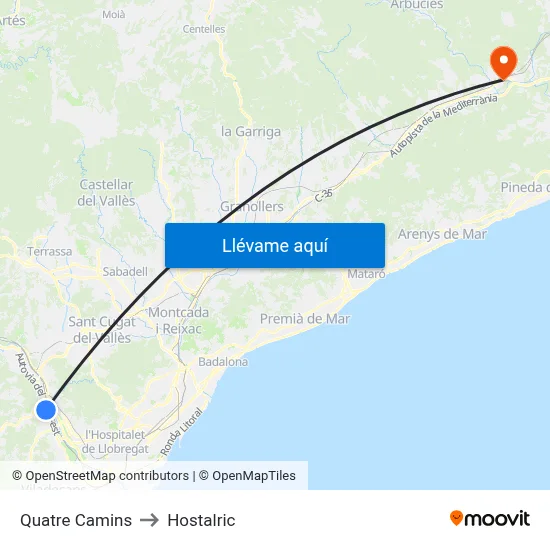 Quatre Camins to Hostalric map