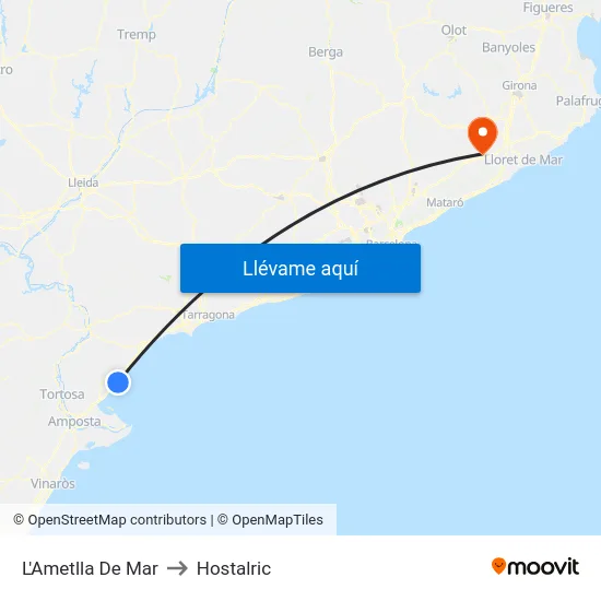 L'Ametlla De Mar to Hostalric map