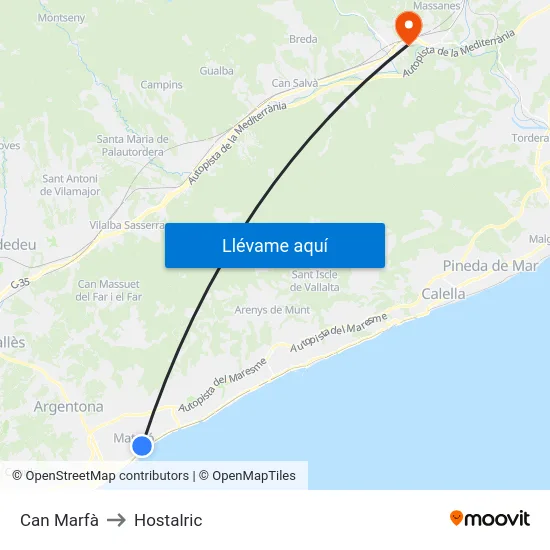 Can Marfà to Hostalric map