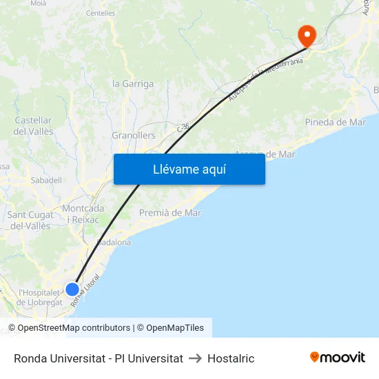 Ronda Universitat - Pl Universitat to Hostalric map