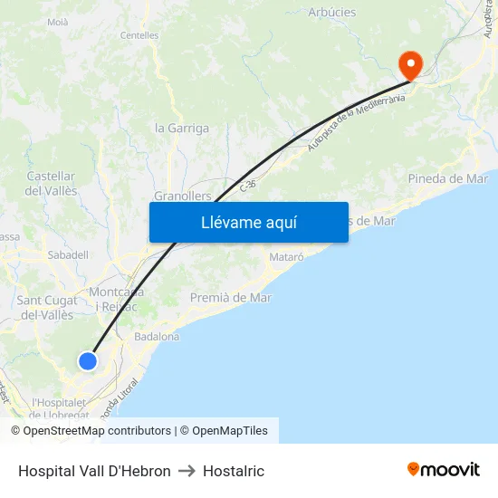 Hospital Vall D'Hebron to Hostalric map