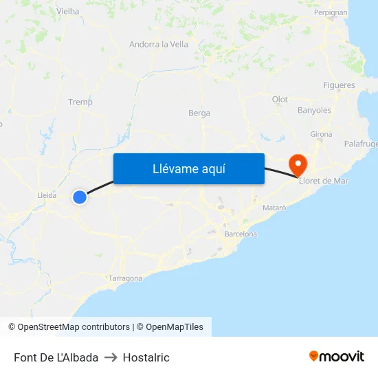 Font De L'Albada to Hostalric map