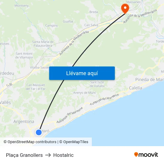 Plaça Granollers to Hostalric map
