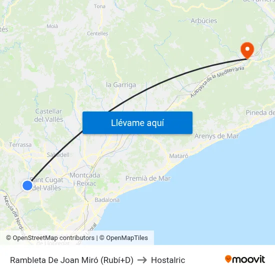 Rambleta De Joan Miró (Rubí+D) to Hostalric map