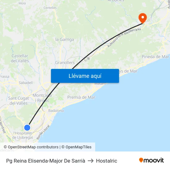 Pg Reina Elisenda-Major De Sarrià to Hostalric map