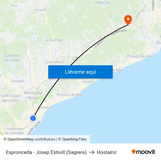 Espronceda - Josep Estivill (Sagrera) to Hostalric map