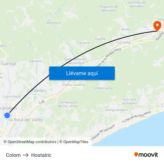 Colom to Hostalric map